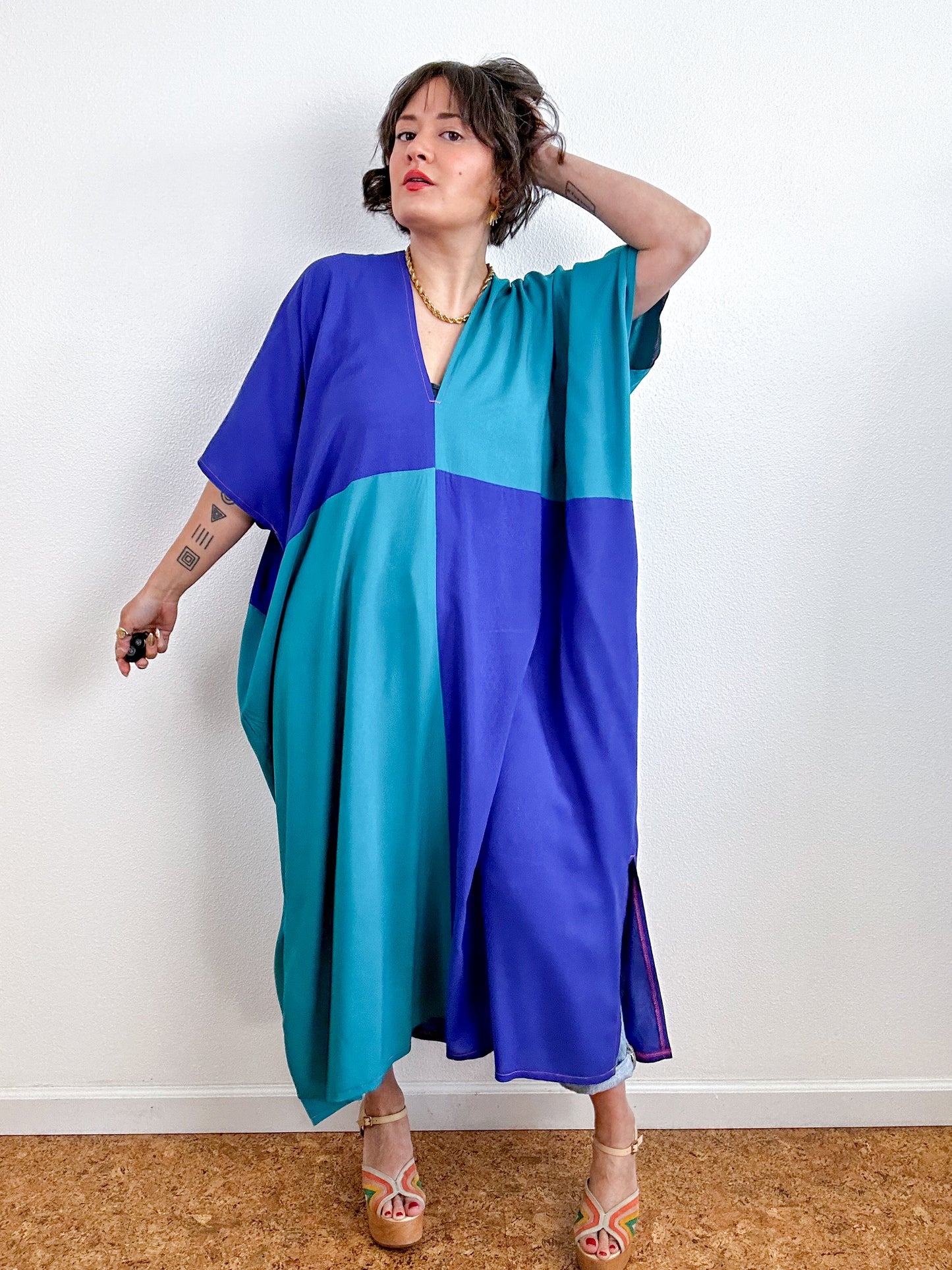 Color Block Midi Caftan Dress Turquoise Royal