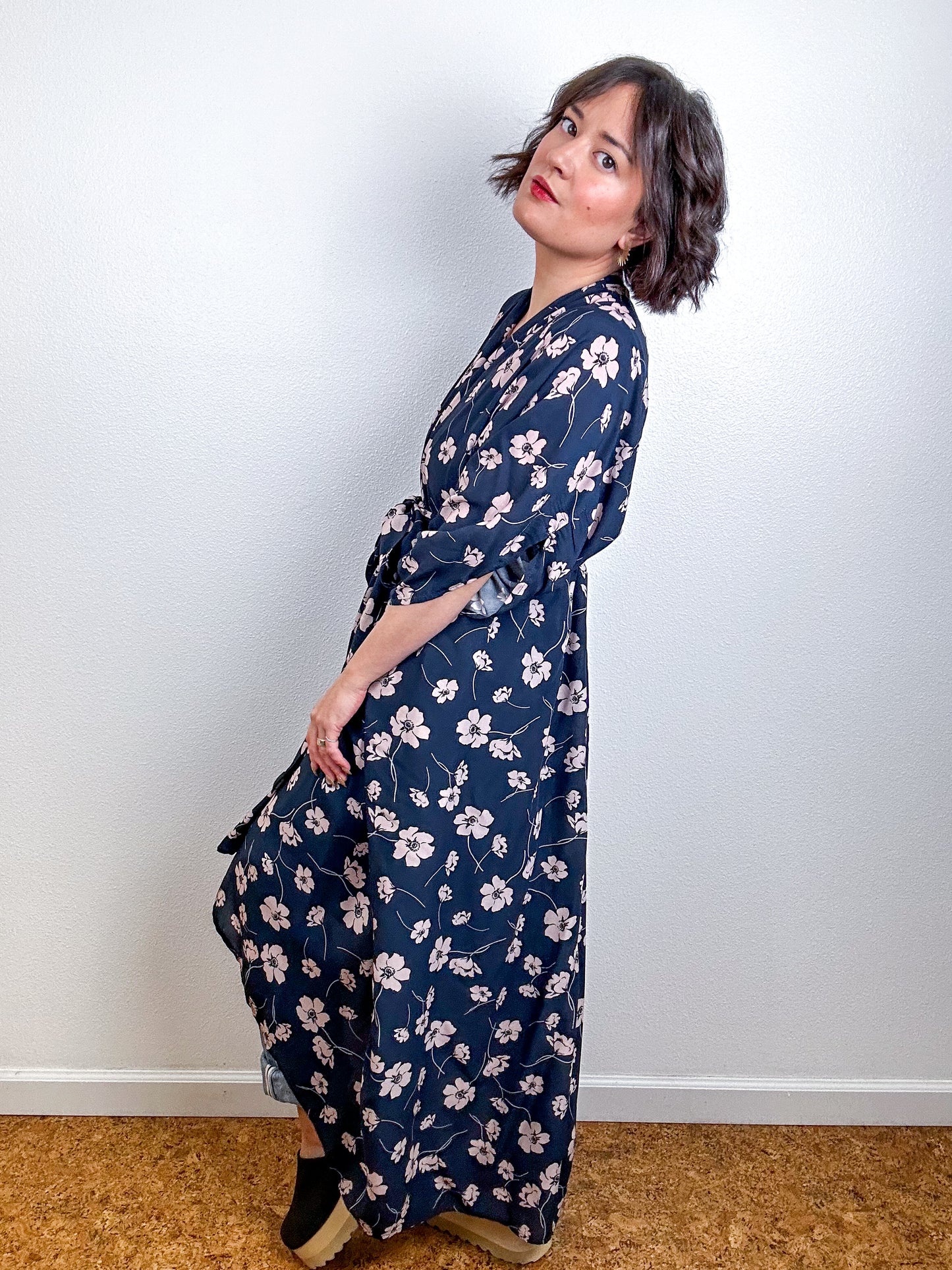 Print High Low Kimono Navy Blush Floral Challis