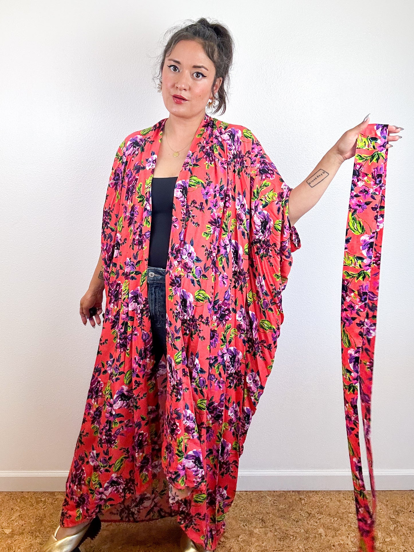 Print High Low Kimono Bright Coral Floral Challis