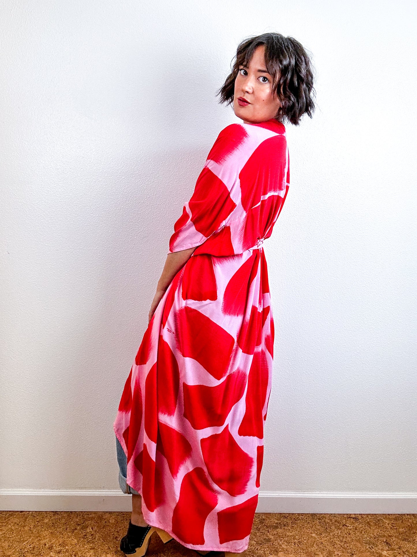 Hand-Dyed High Low Kimono Pink Scarlet Brush