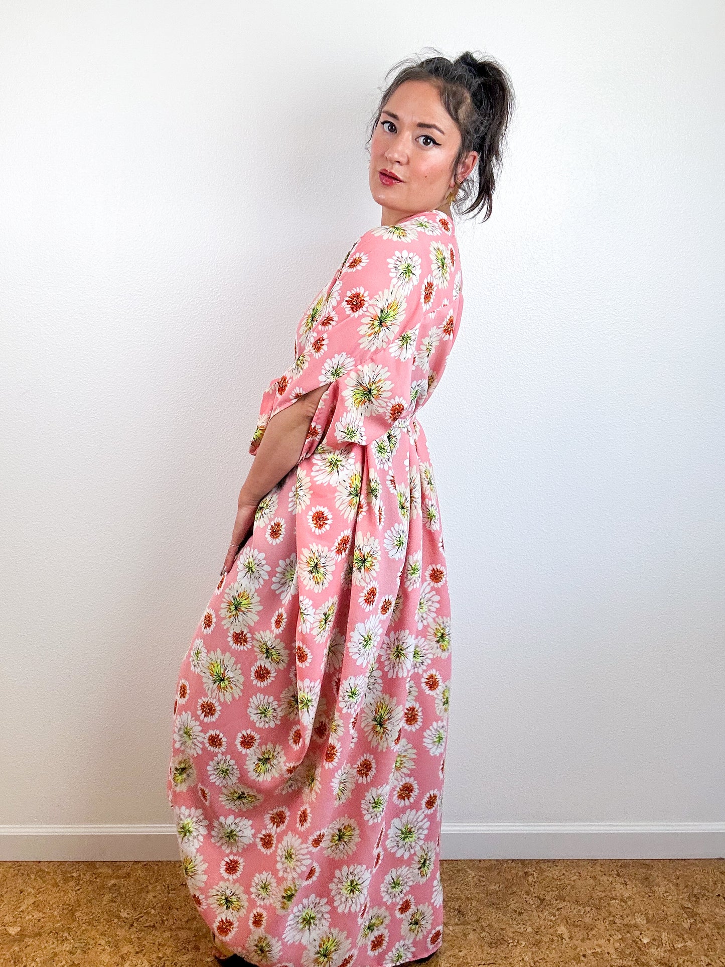 Print High Low Kimono Peach Daisy Georgette