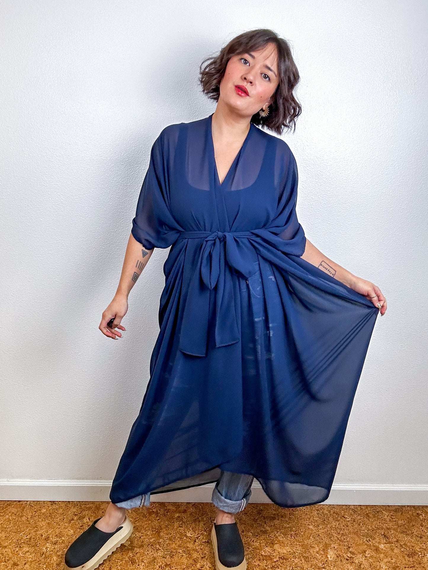 Solid High Low Kimono Navy Chiffon