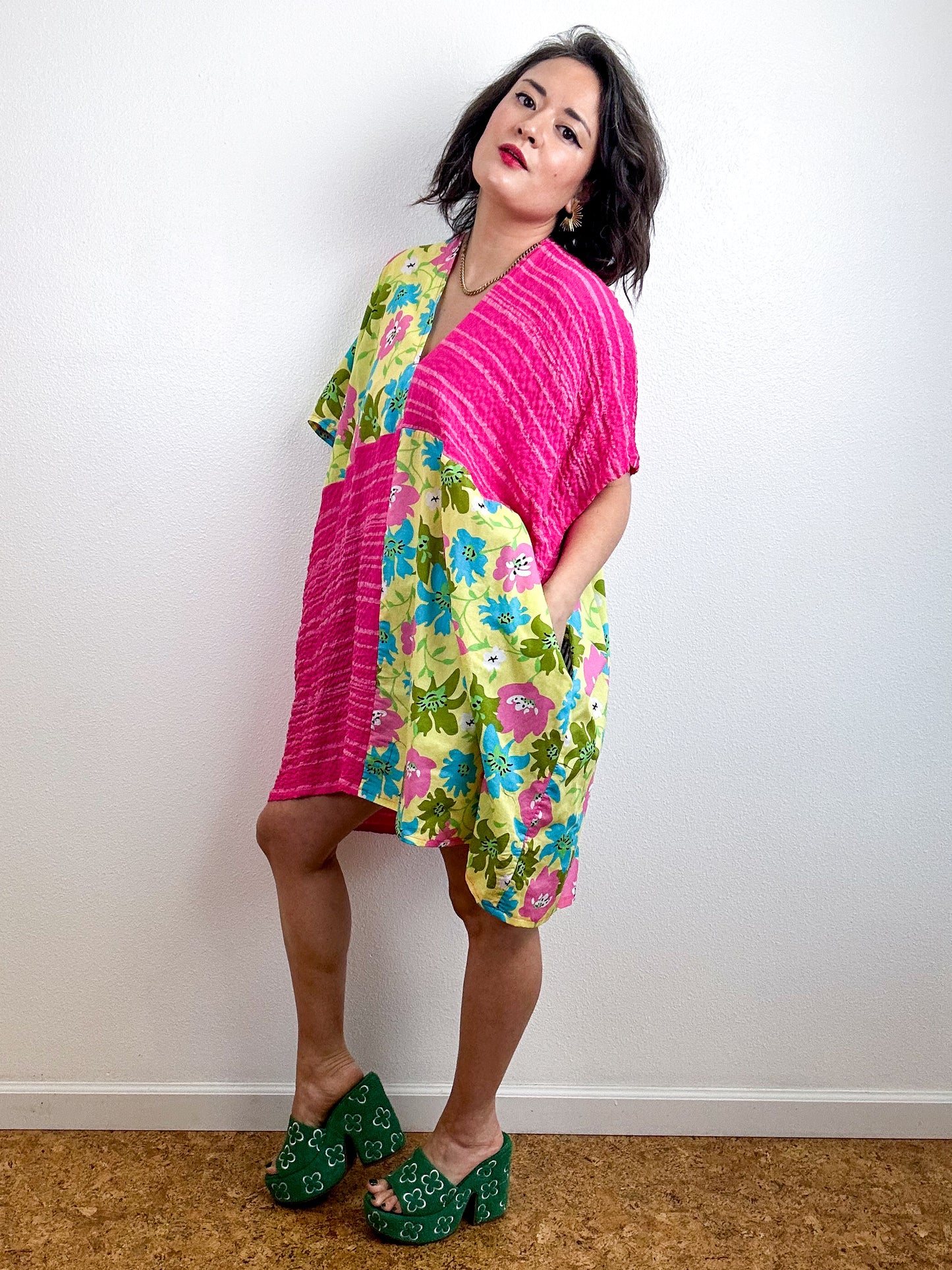 Color Block Mini Caftan Dress Yellow Floral Pink Stripe