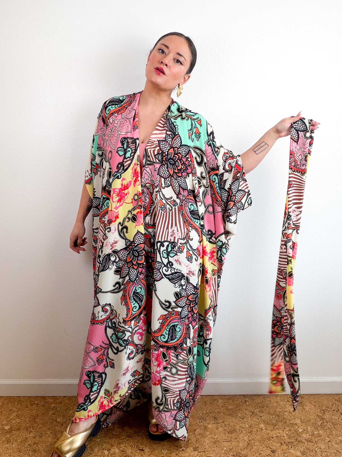 Print High Low Kimono Pink Aqua Paisley Bubble Crepe
