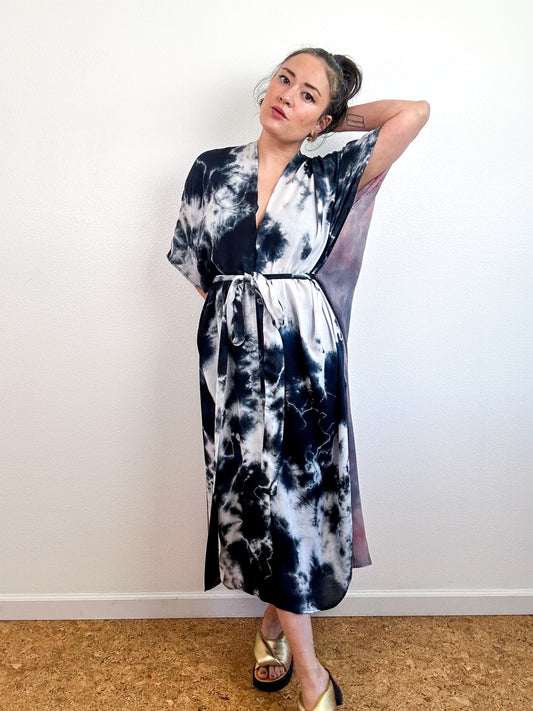 Hand-Dyed Bamboo Tie Caftan Black Mauve Mix