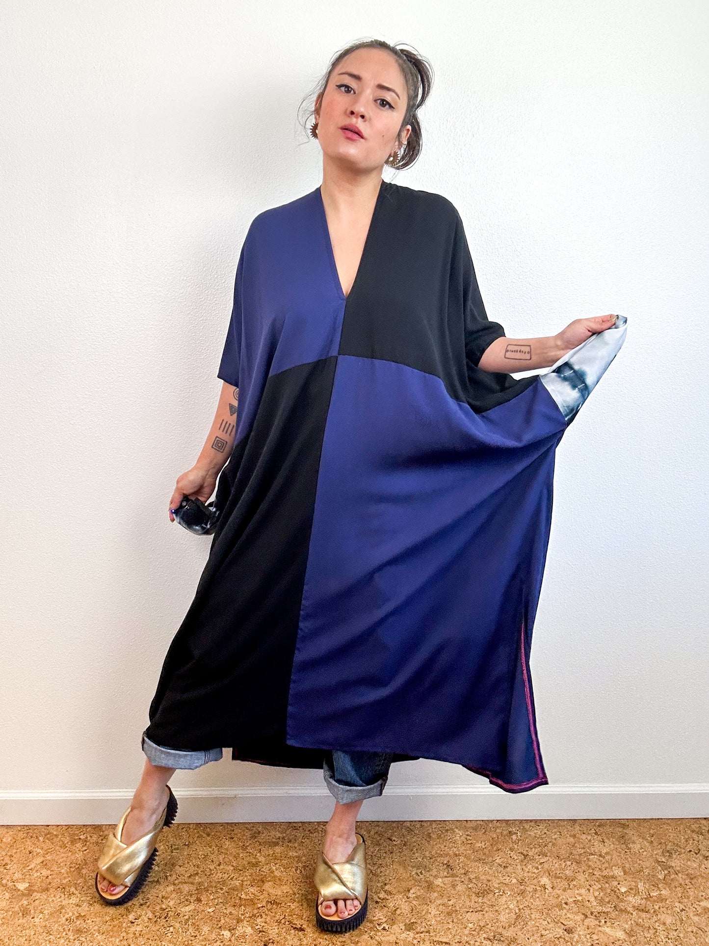 Color Block Midi Caftan Dress Navy Black