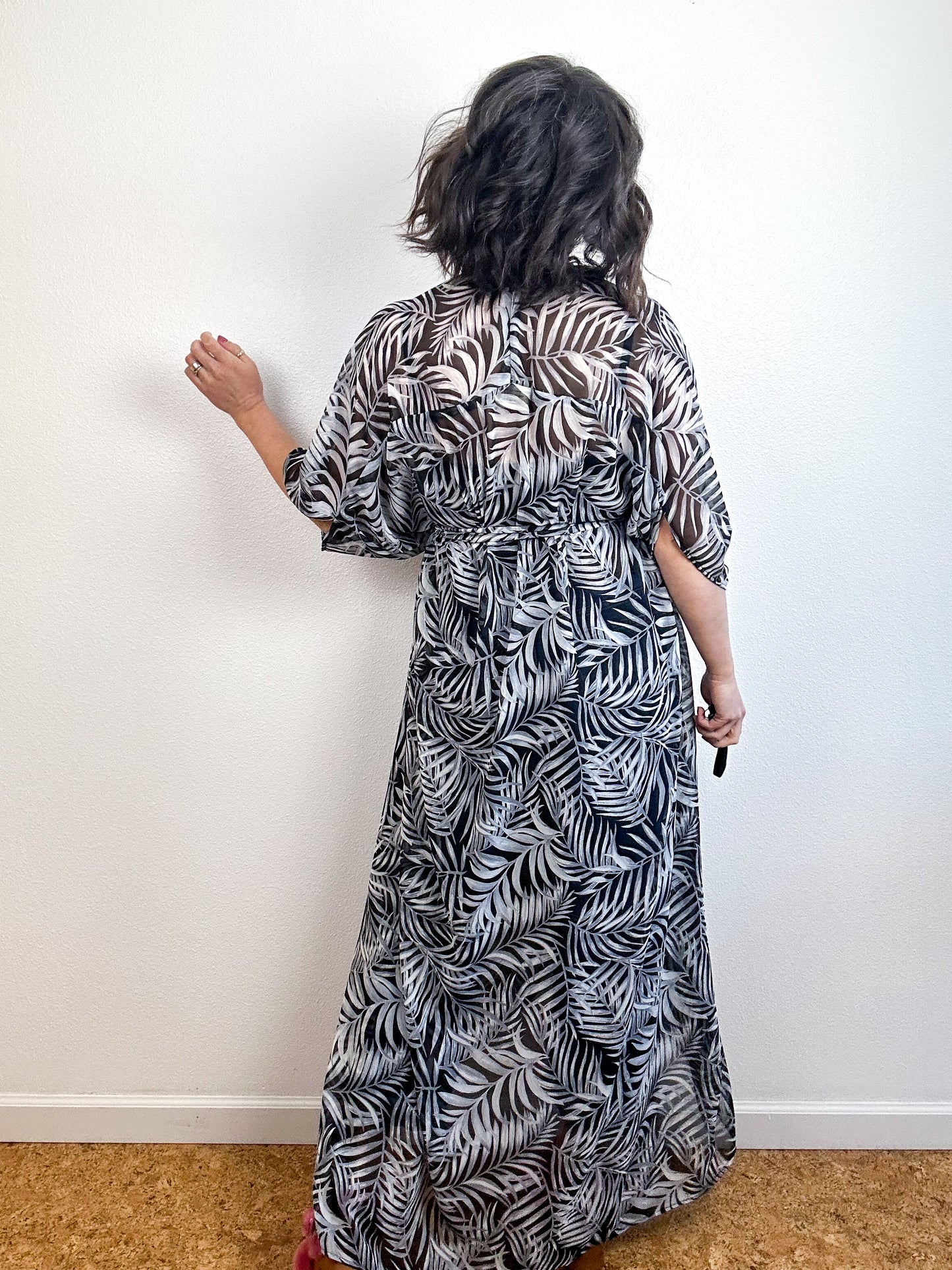 Print High Low Kimono Black Palm Leaves Chiffon