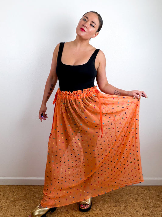 THE SKIRT Orange Rainbow Dots Silk Chiffon