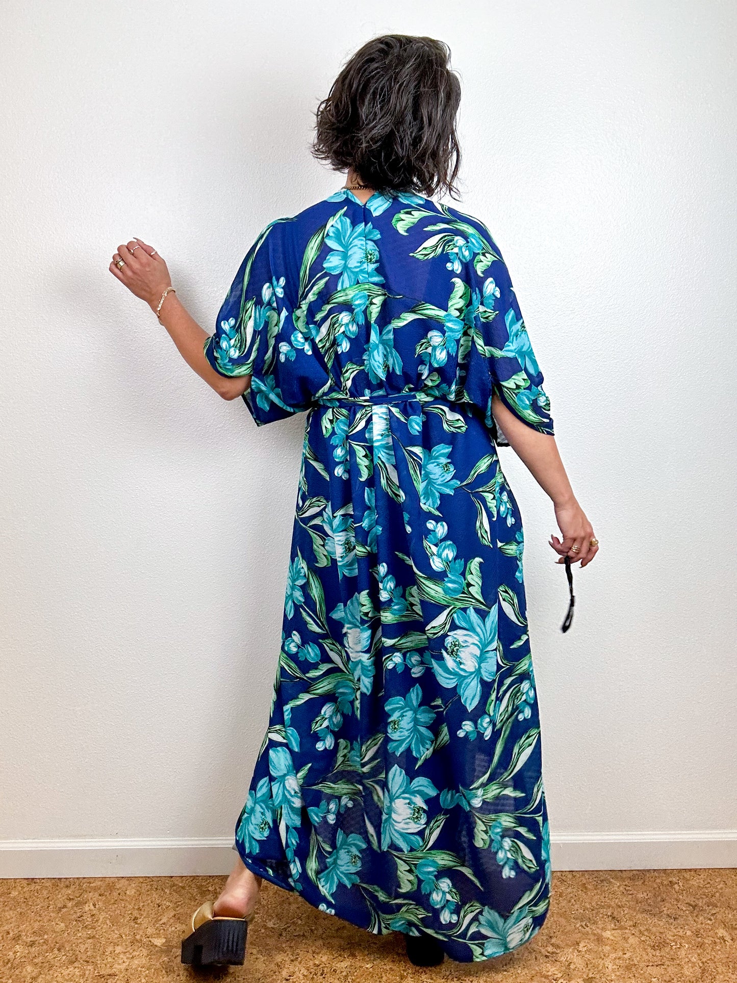 Print High Low Kimono Navy Aqua Floral Chiffon