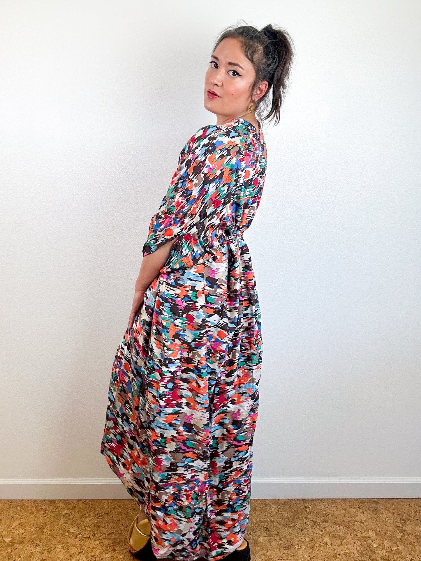 Print High Low Kimono Multicolor Splatter Challis