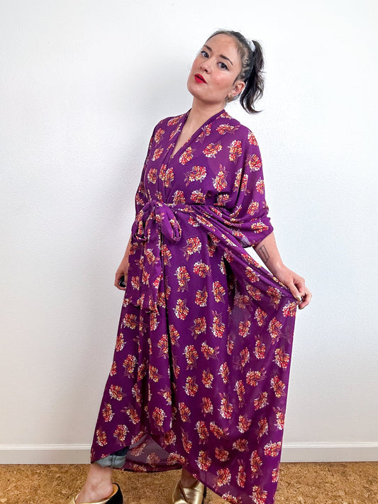 Print High Low Kimono Magenta Floral Chiffon
