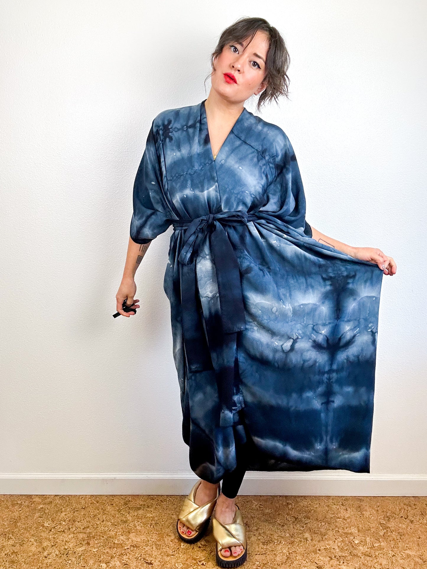 Hand-Dyed High Low Kimono Black Watercolor
