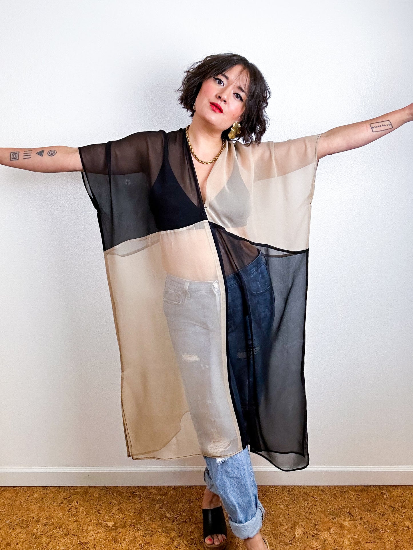 SILK Color Block Midi Caftan Dress Fawn Black