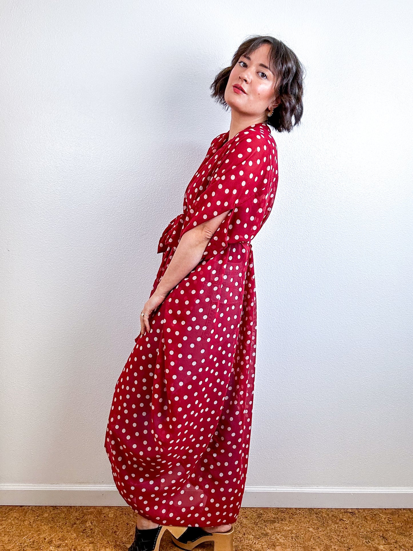 Print High Low Kimono Burgundy Blush Dots Chiffon
