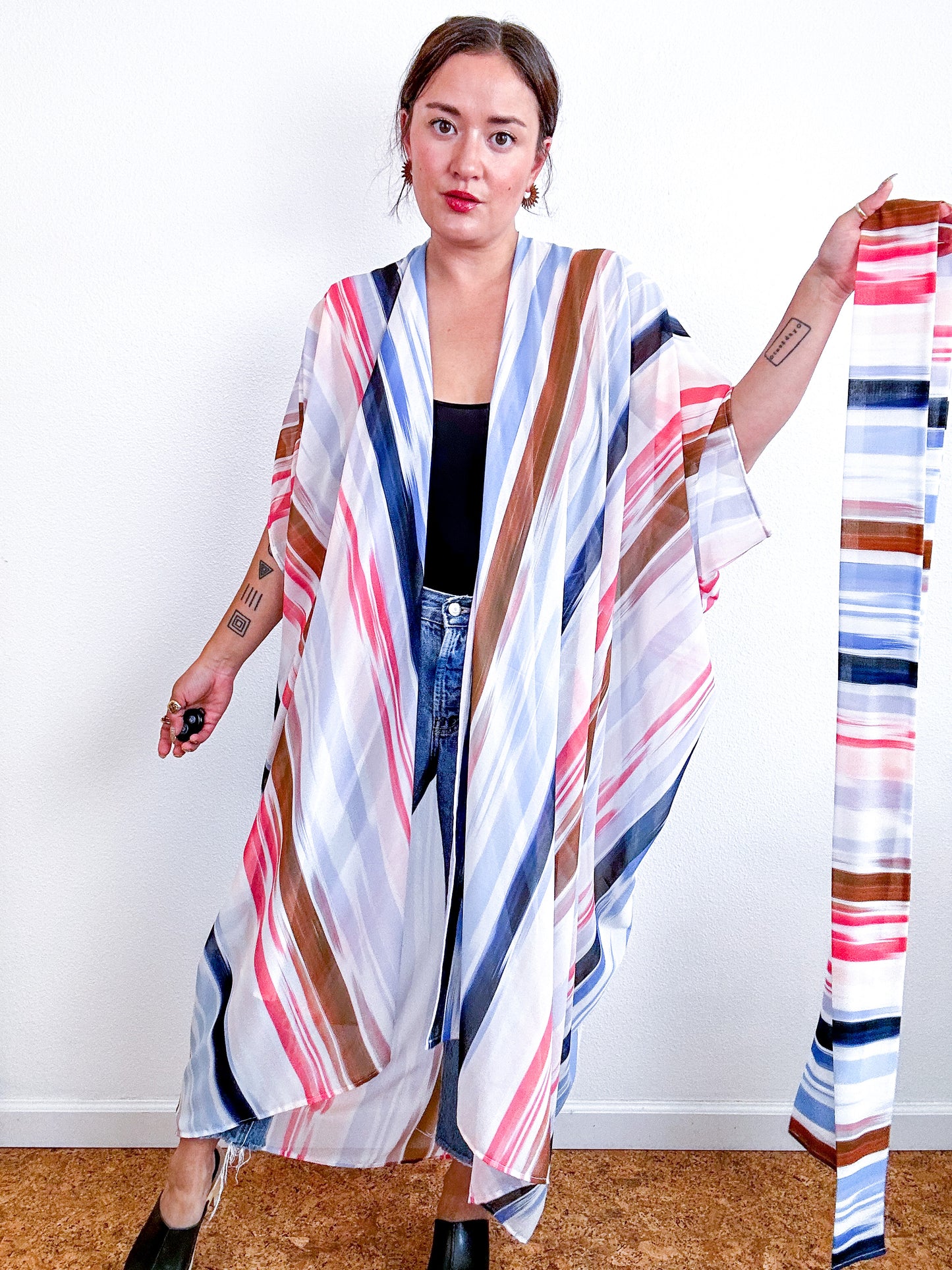 Print High Low Kimono Painterly Lines Chiffon