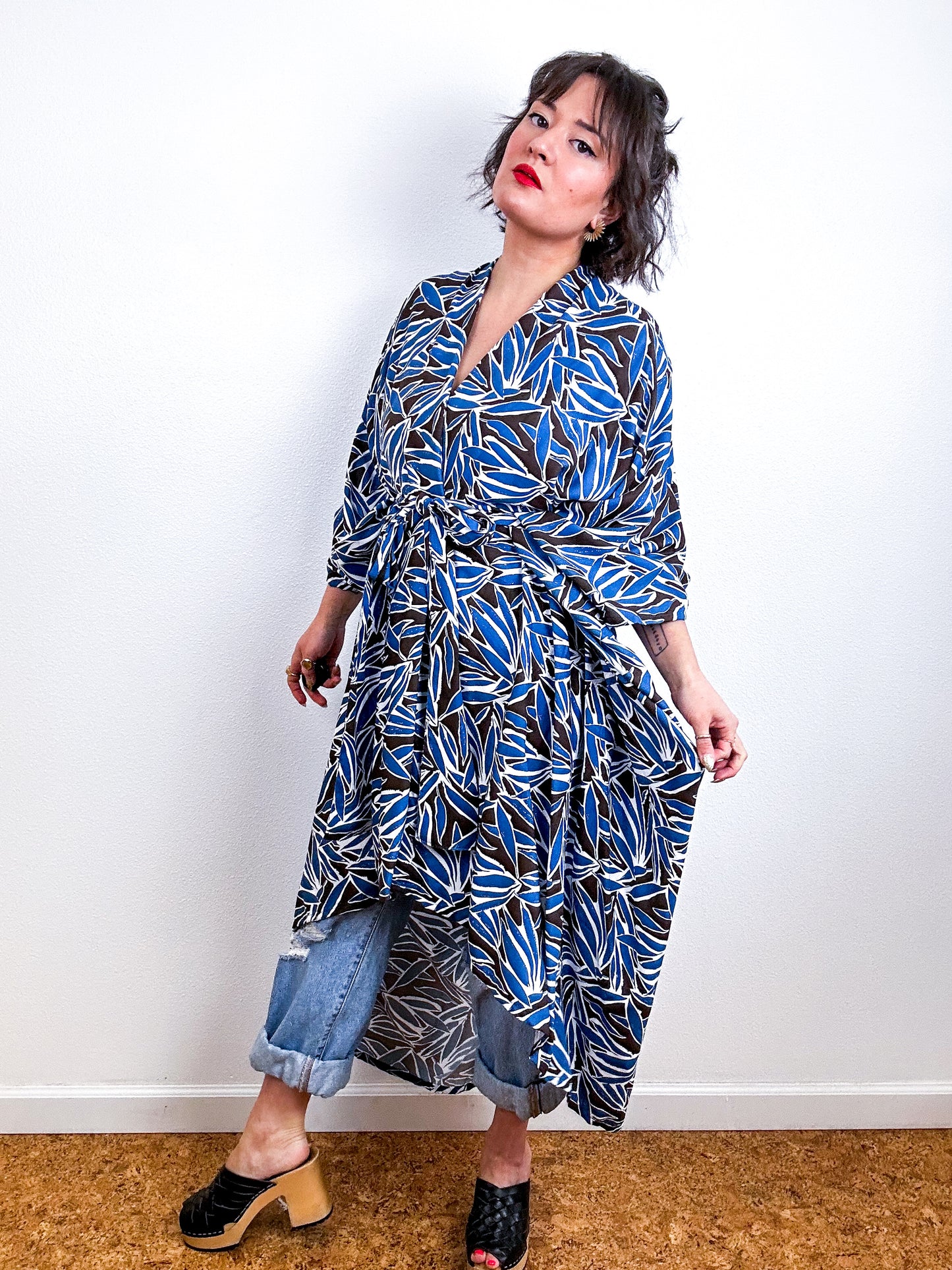 Print High Low Kimono Brown Blue Bamboo Challis
