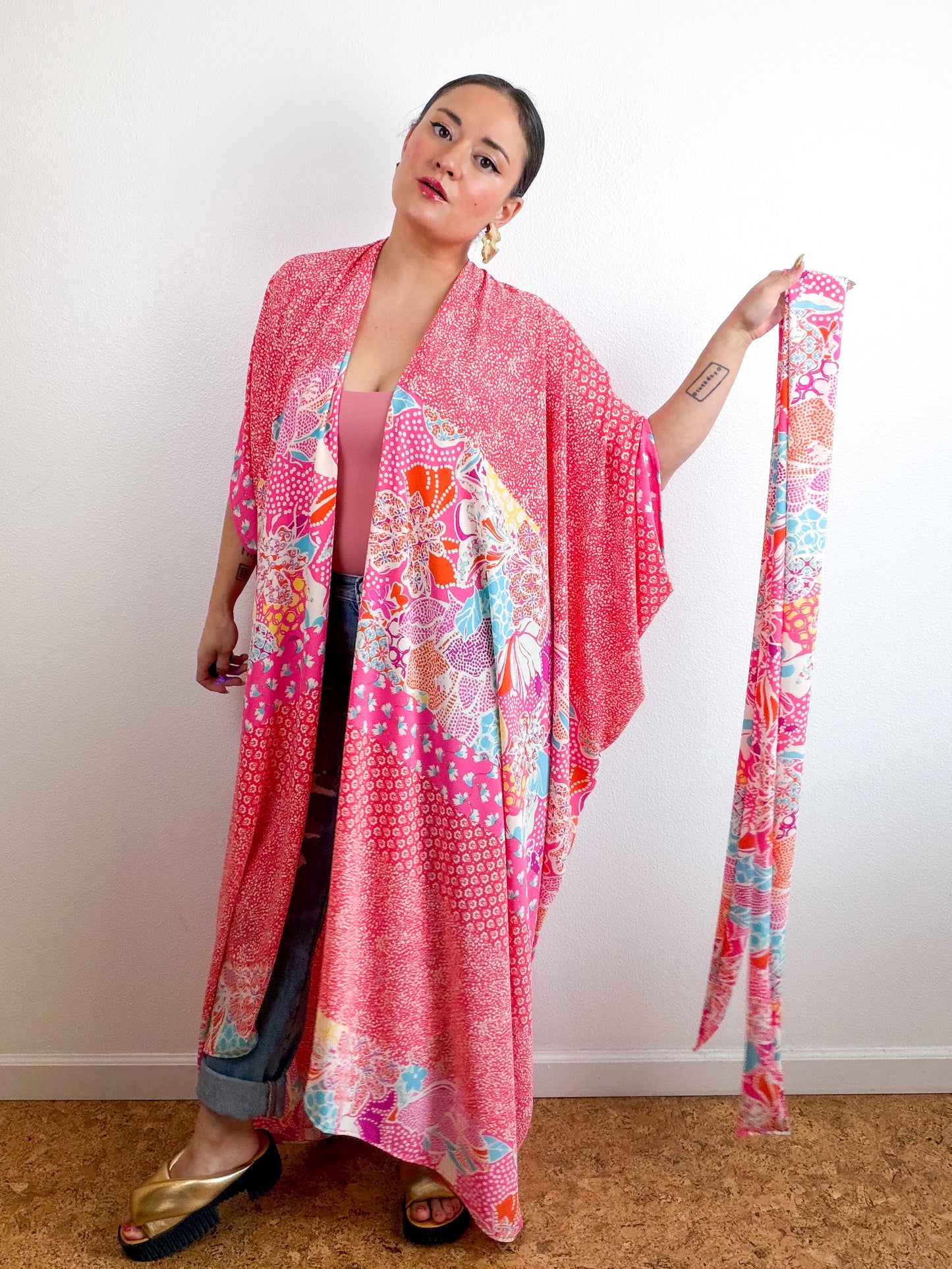 Print High Low Kimono Coral Pebble Bubble Crepe