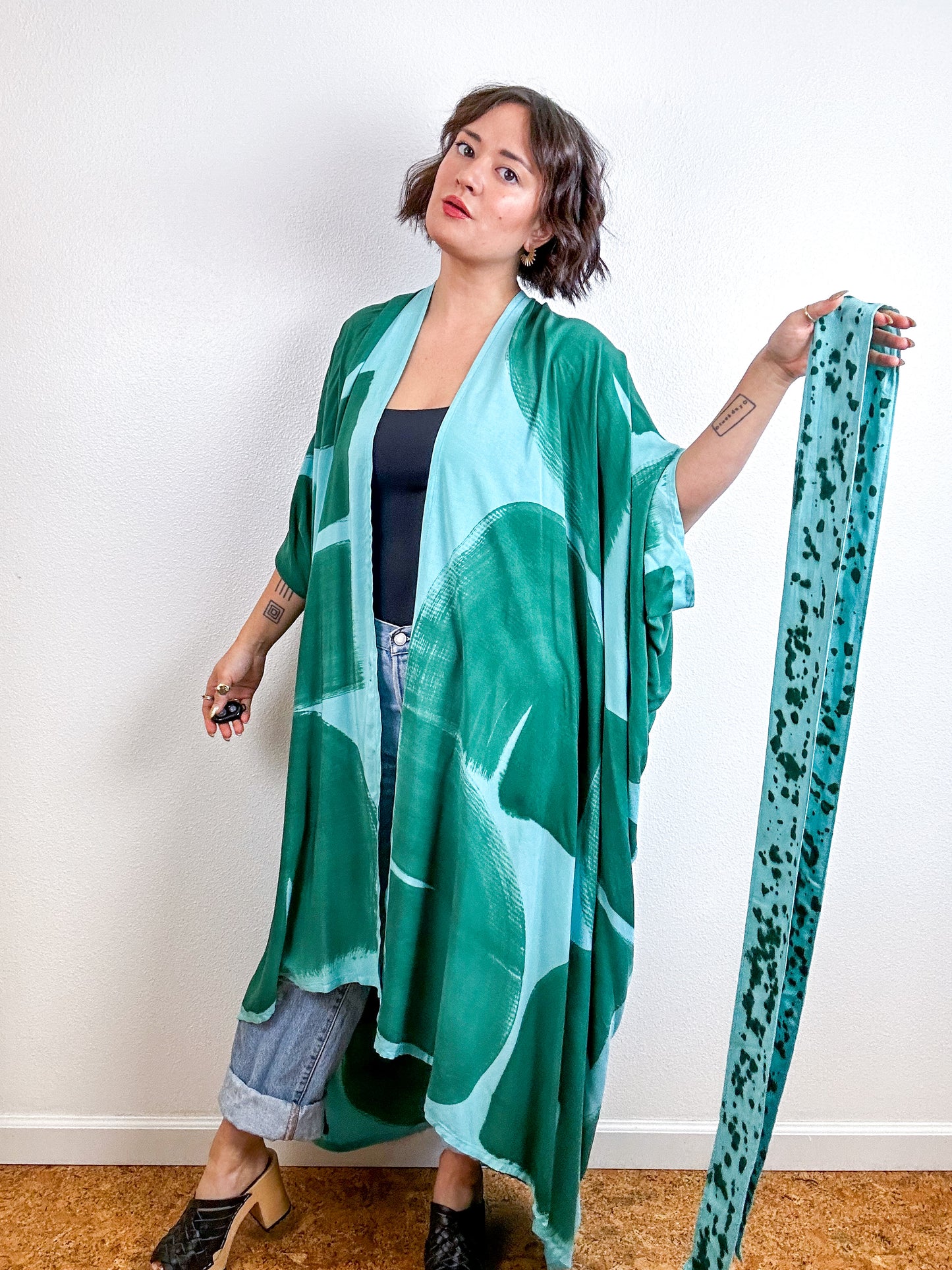 Hand-Dyed High Low Kimono Aqua Forest Brushstroke