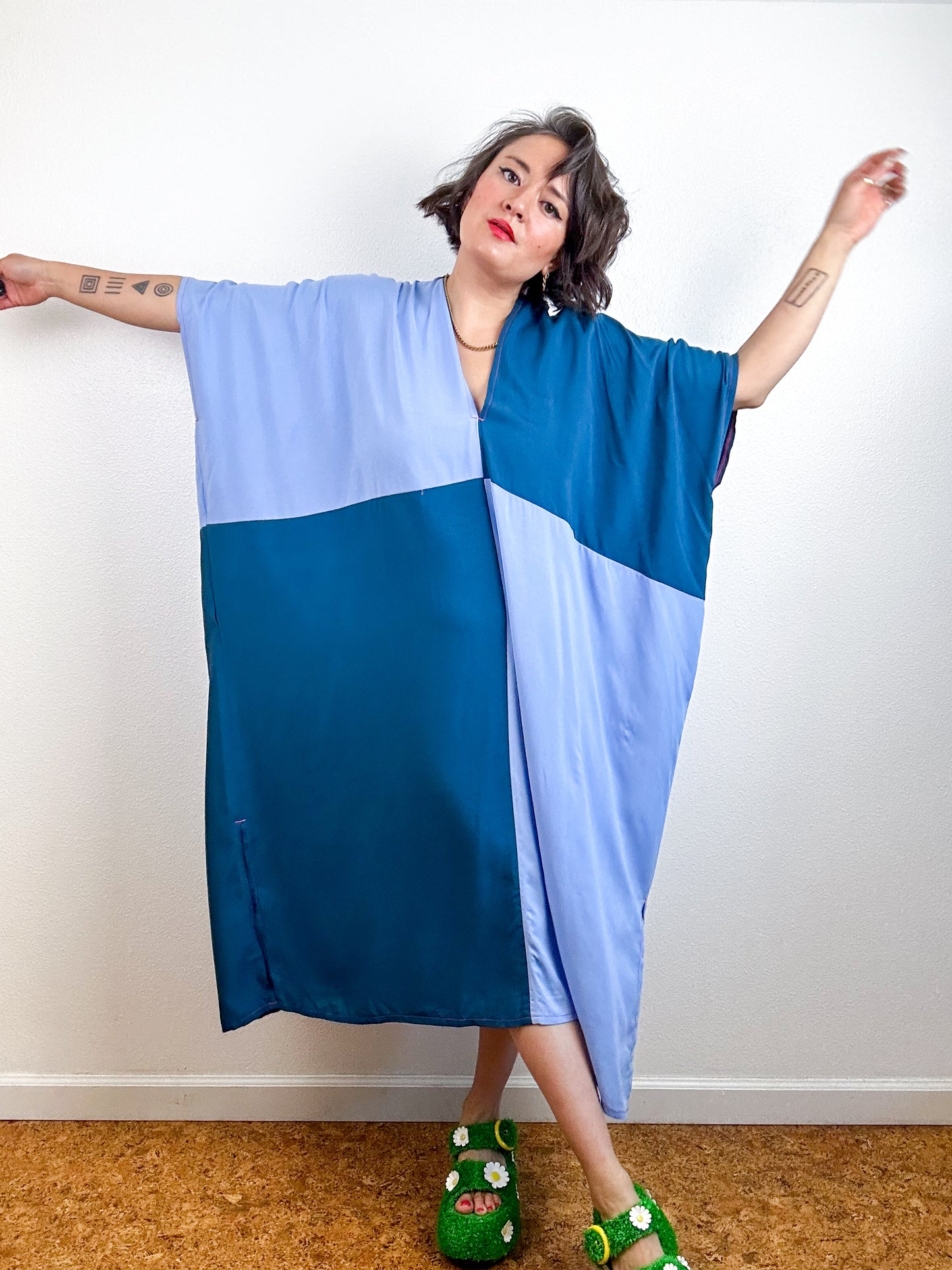 Color Block Midi Caftan Dress Teal Blue