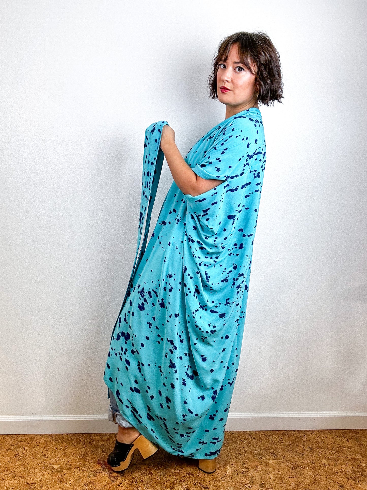 Hand-Dyed High Low Kimono Aqua Indigo Speckle