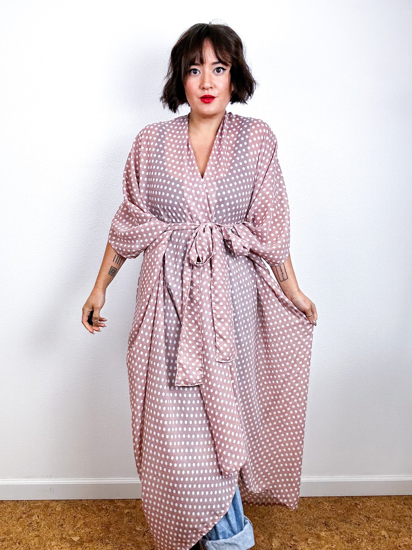 Print High Low Kimono Blush Dots Chiffon