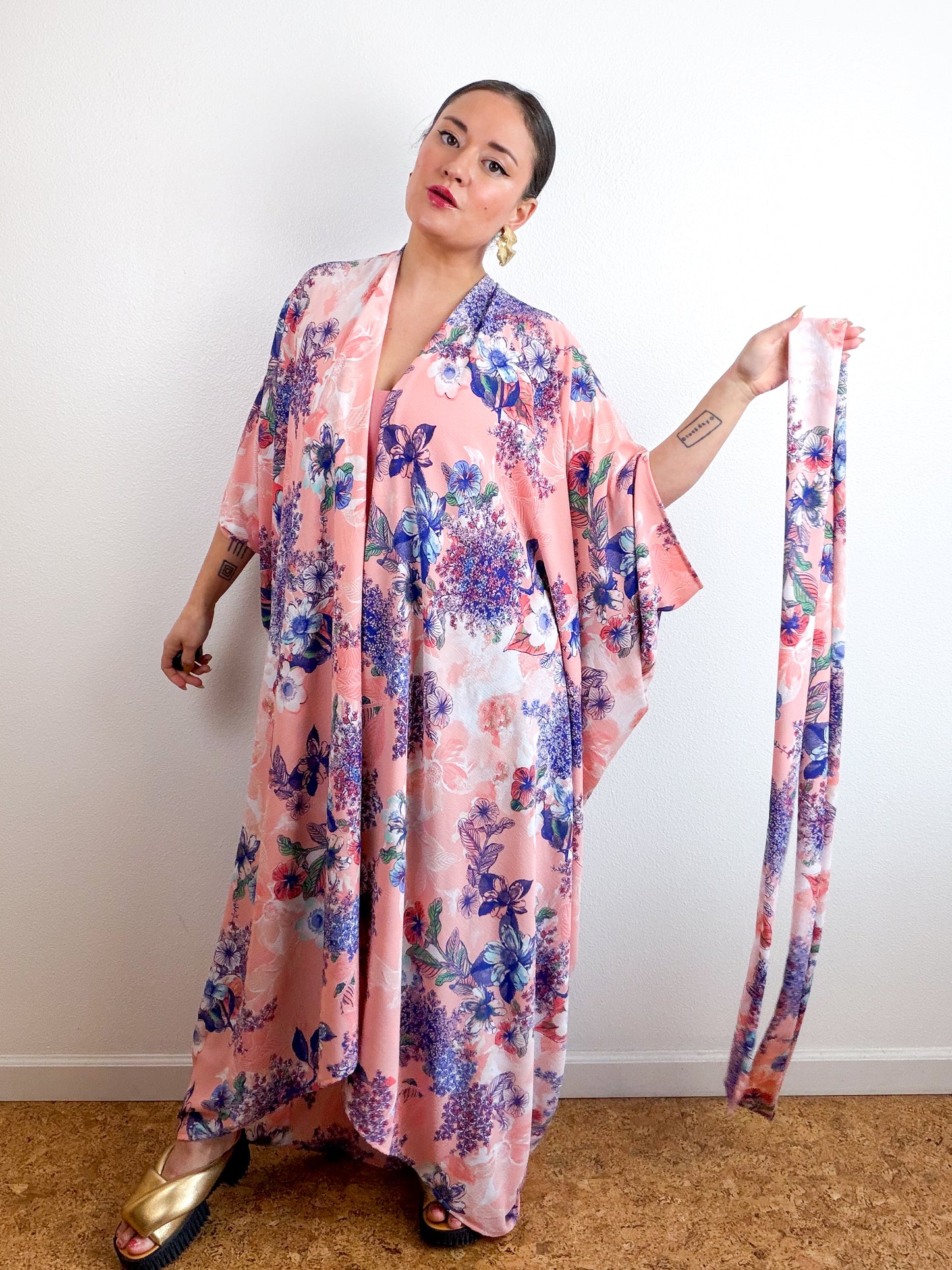 Print High Low Kimono Blush Blue Floral Bubble Crepe
