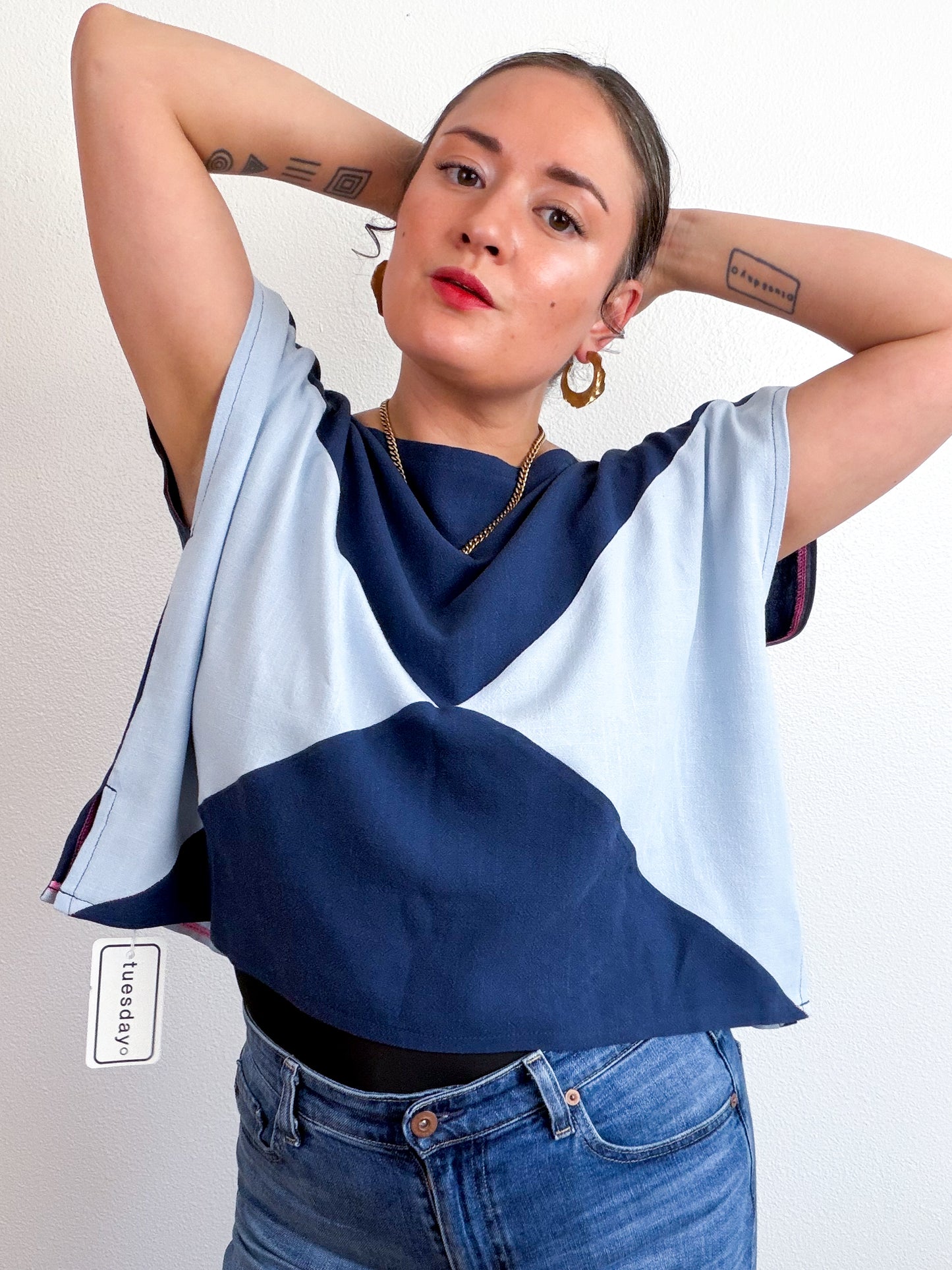 Linen Blend Flip Crop Navy Aqua