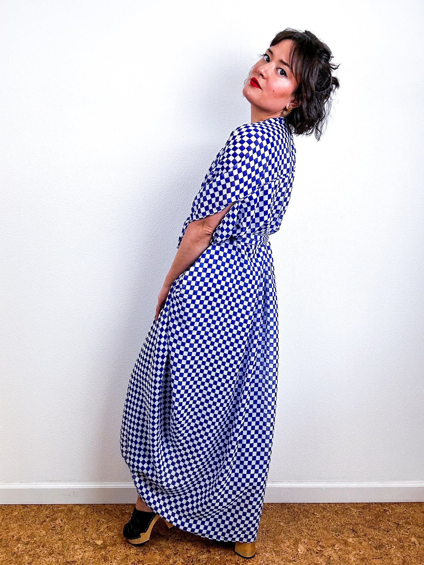 Print High Low Kimono Blue Checker Chiffon