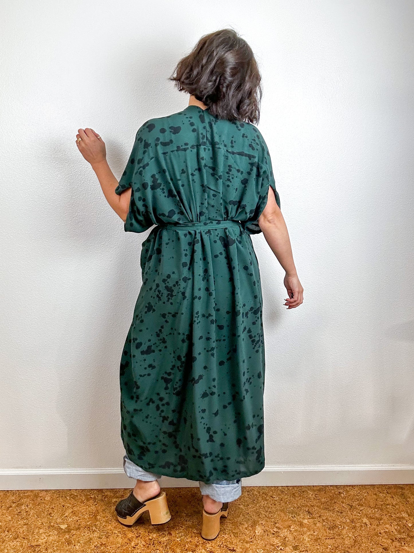 Hand-Dyed High Low Kimono Forest Black Speckle