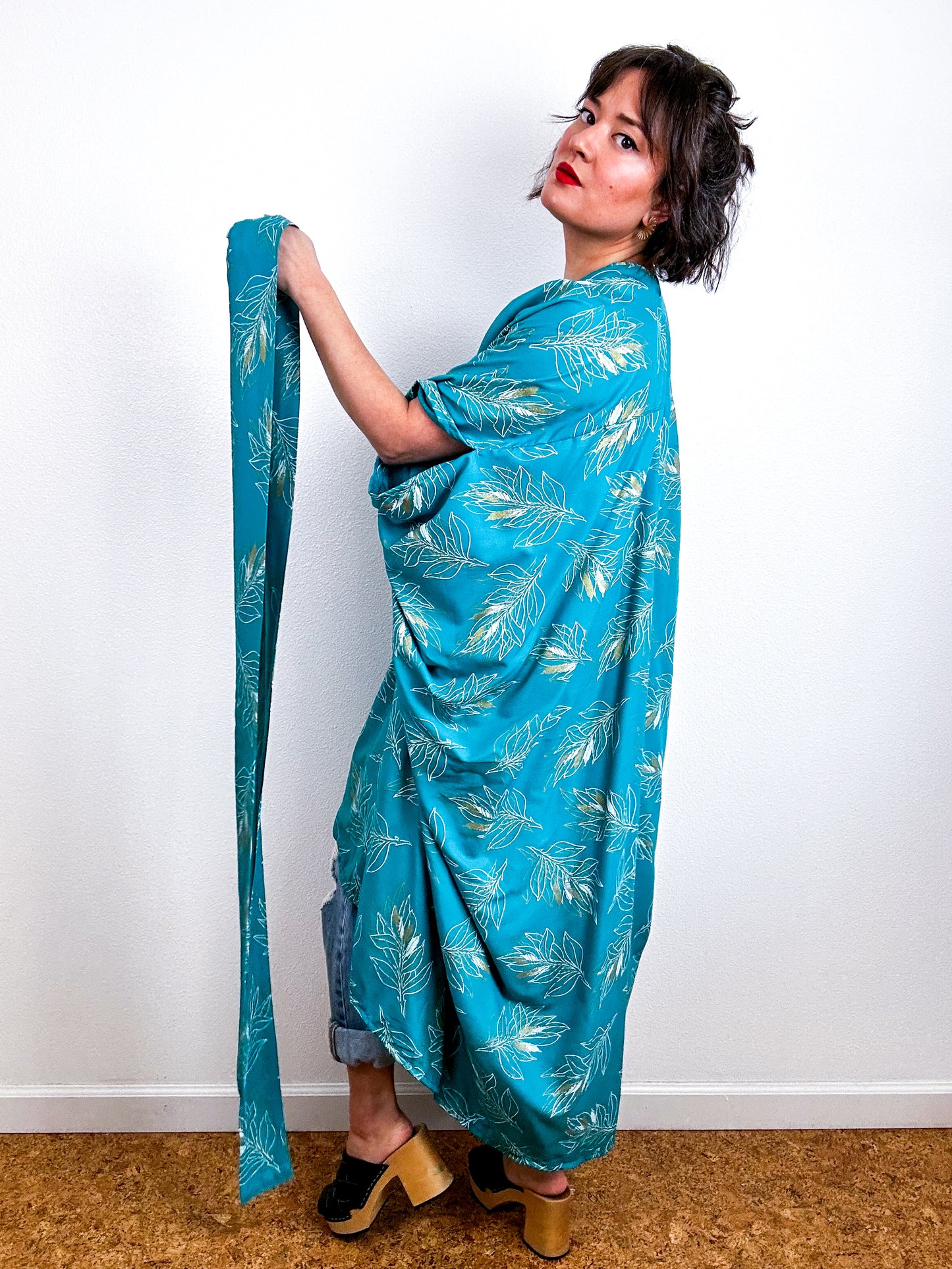 Print High Low Kimono Teal Gold Leaf Challis