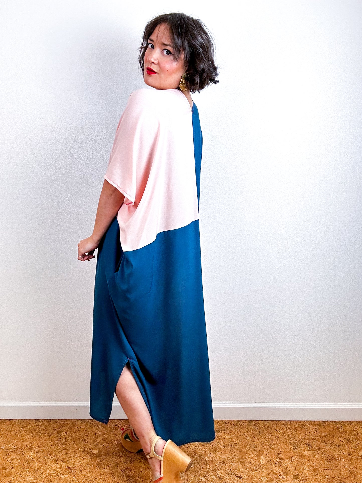 Color Block Midi Caftan Dress Teal Blush