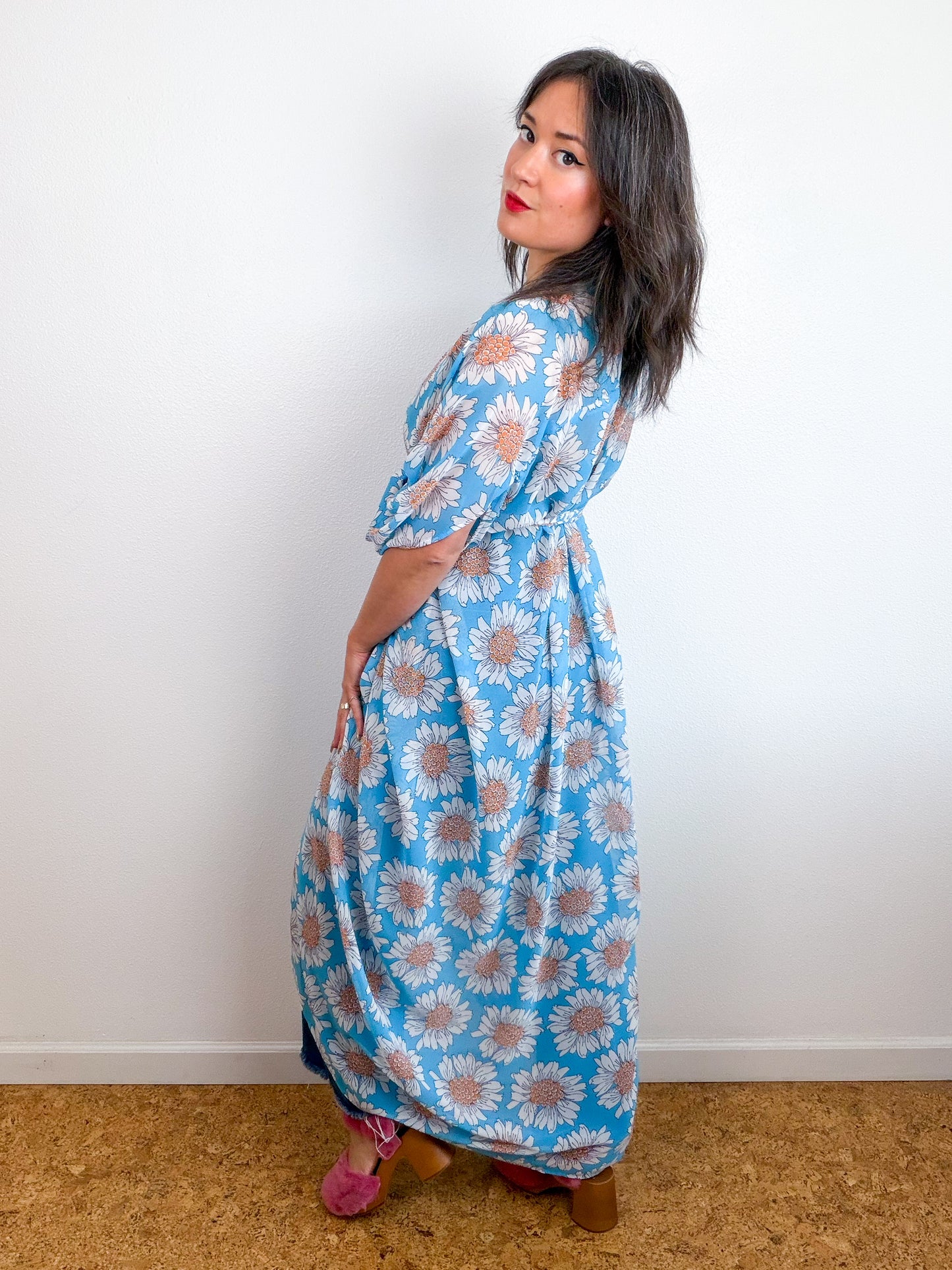 Print High Low Kimono Turquoise Daisy Chiffon