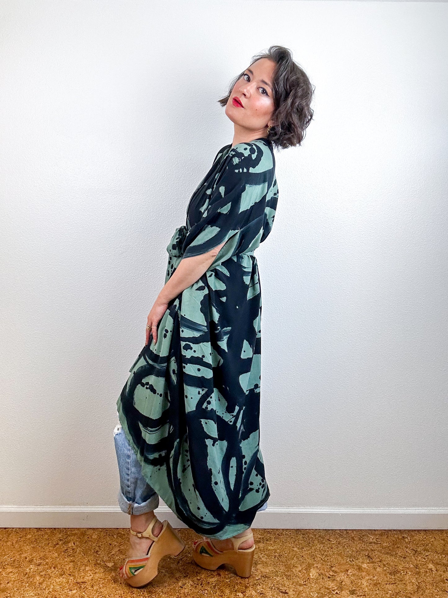 Hand-Dyed High Low Kimono Sage Black Sumi