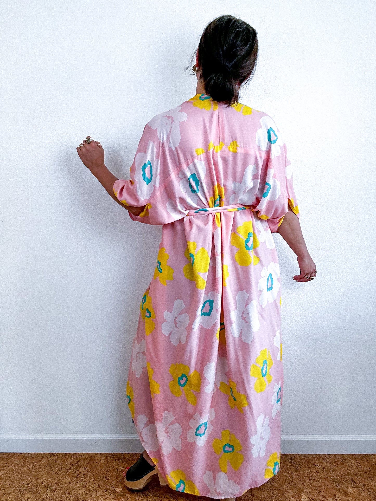 Print High Low Kimono Pink Yellow Flower Challis