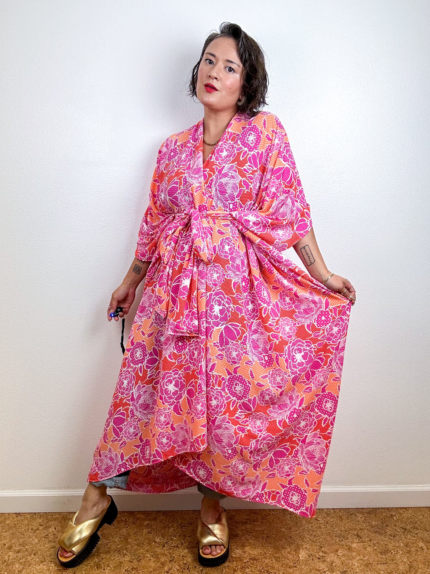 High Low Kimono Pink Orange Floral Dots Bubble Crepe