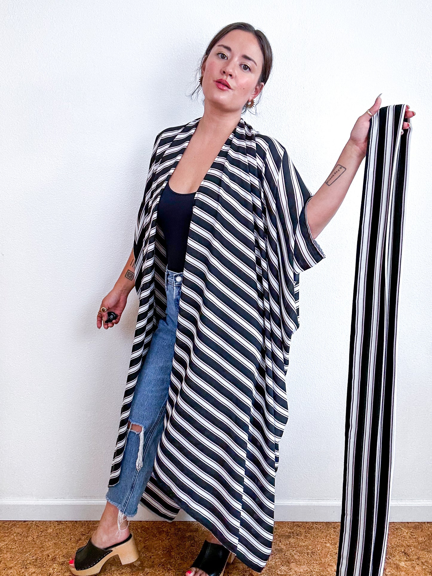 Print High Low Kimono Black White Blush Stripe Georgette