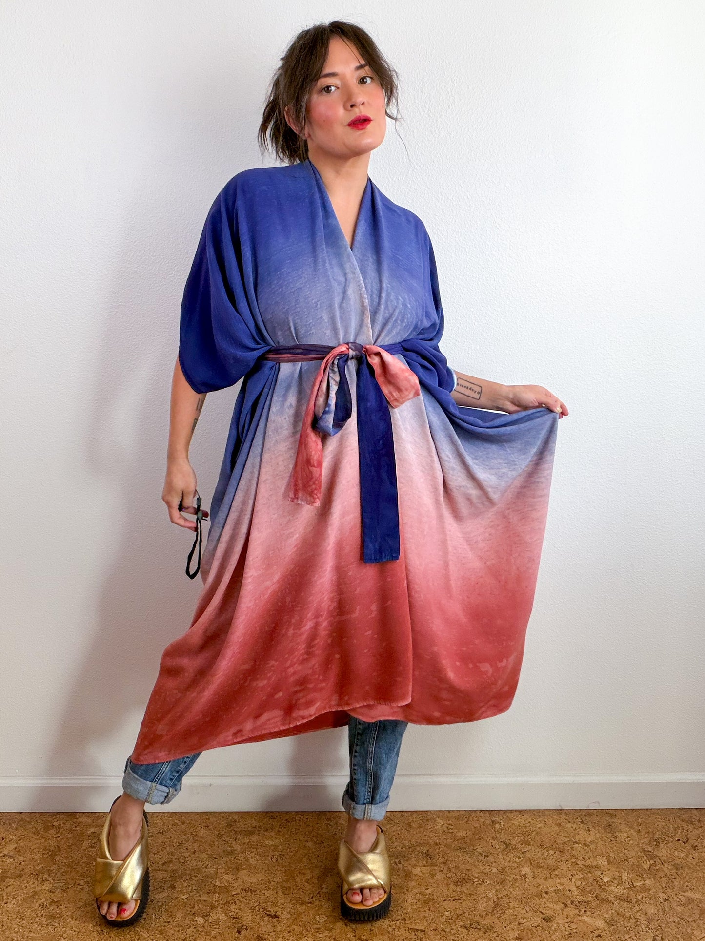 Hand-Dyed High Low Kimono Midnight Blush Terracotta Gradient