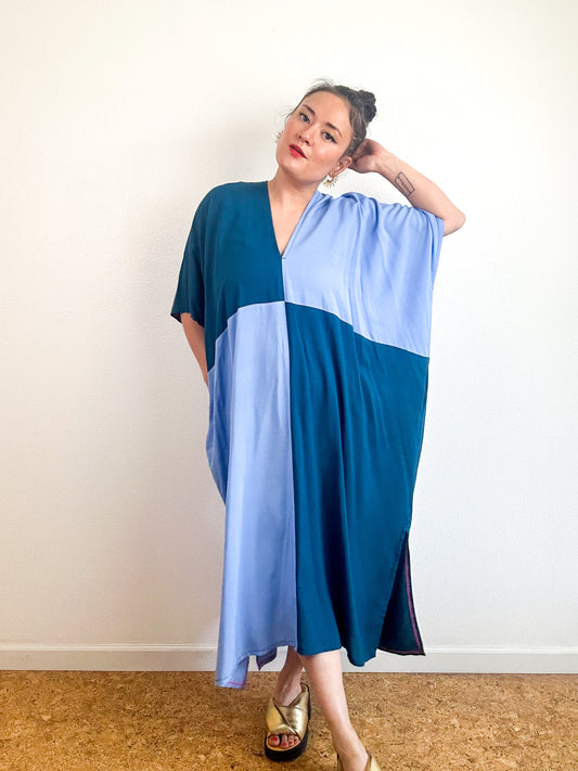 Color Block Midi Caftan Dress Sky Blue Teal