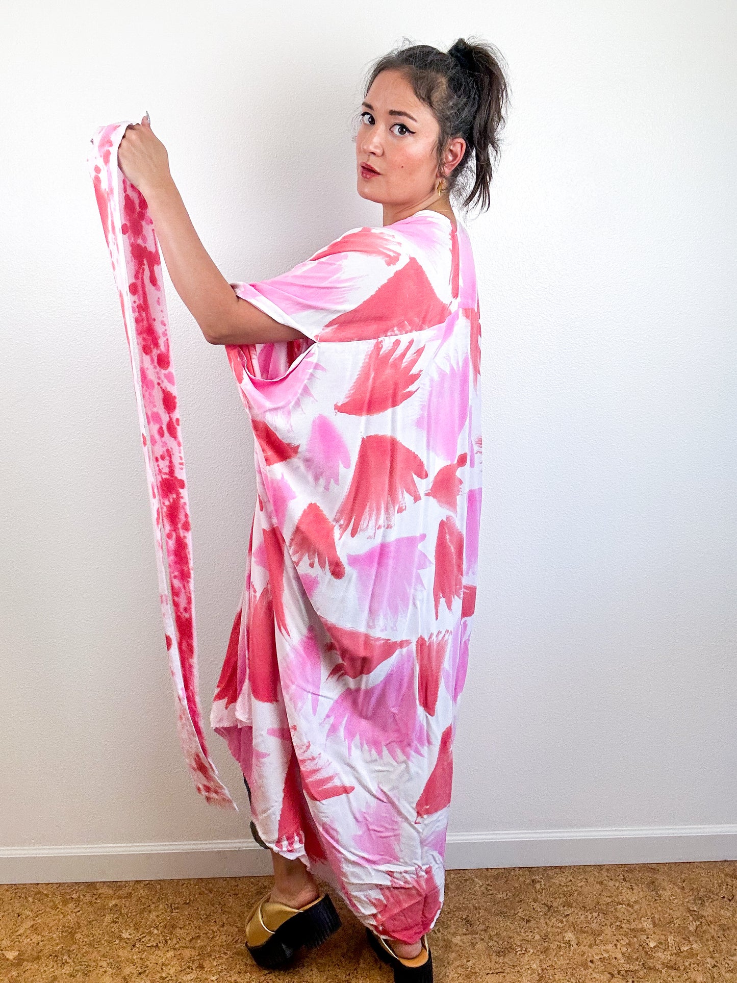 Hand-Dyed High Low Kimono Pink Scarlet Palms
