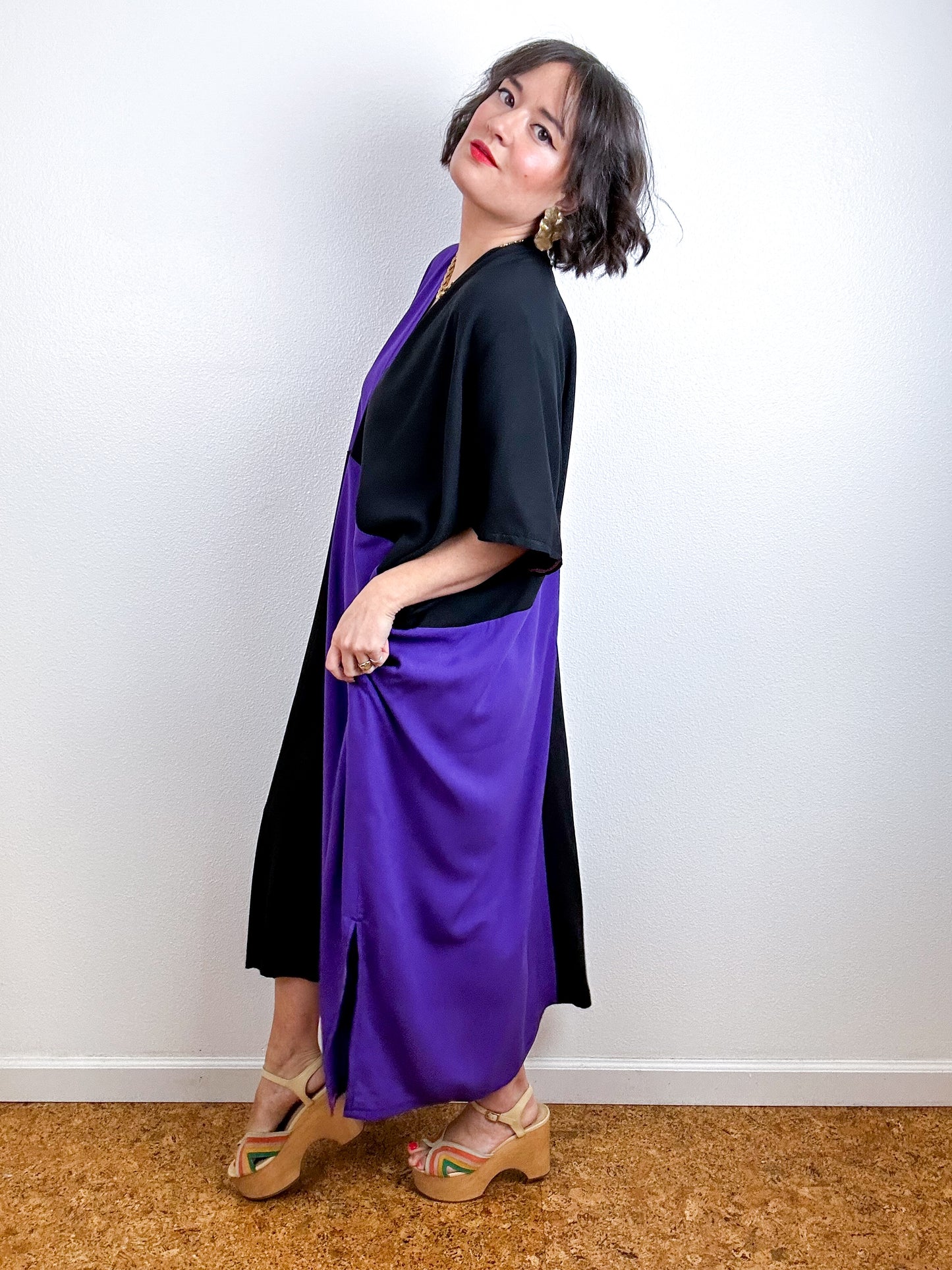 Color Block Midi Caftan Dress Purple Black