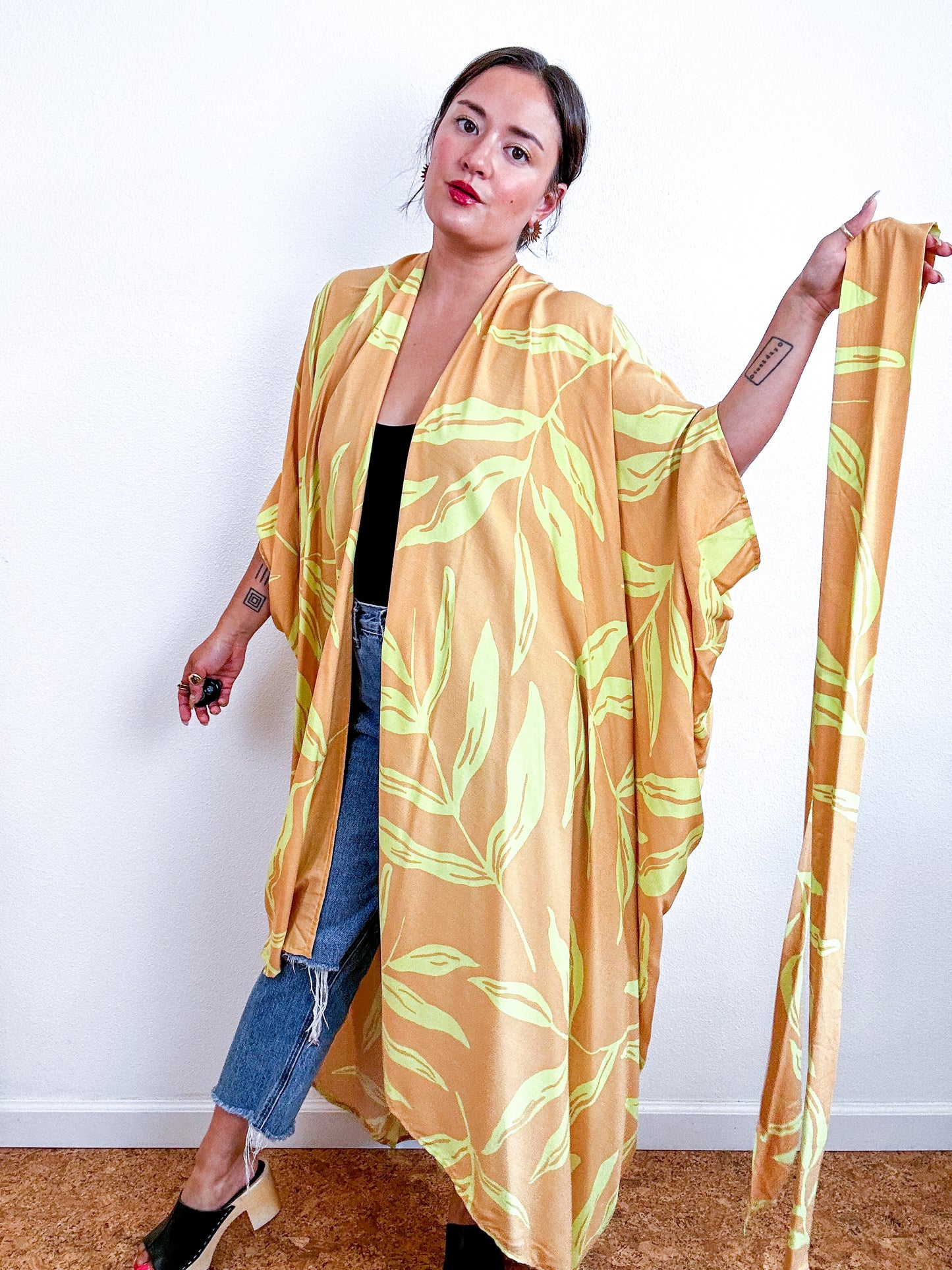 Print High Low Kimono Citron Leaves Challis