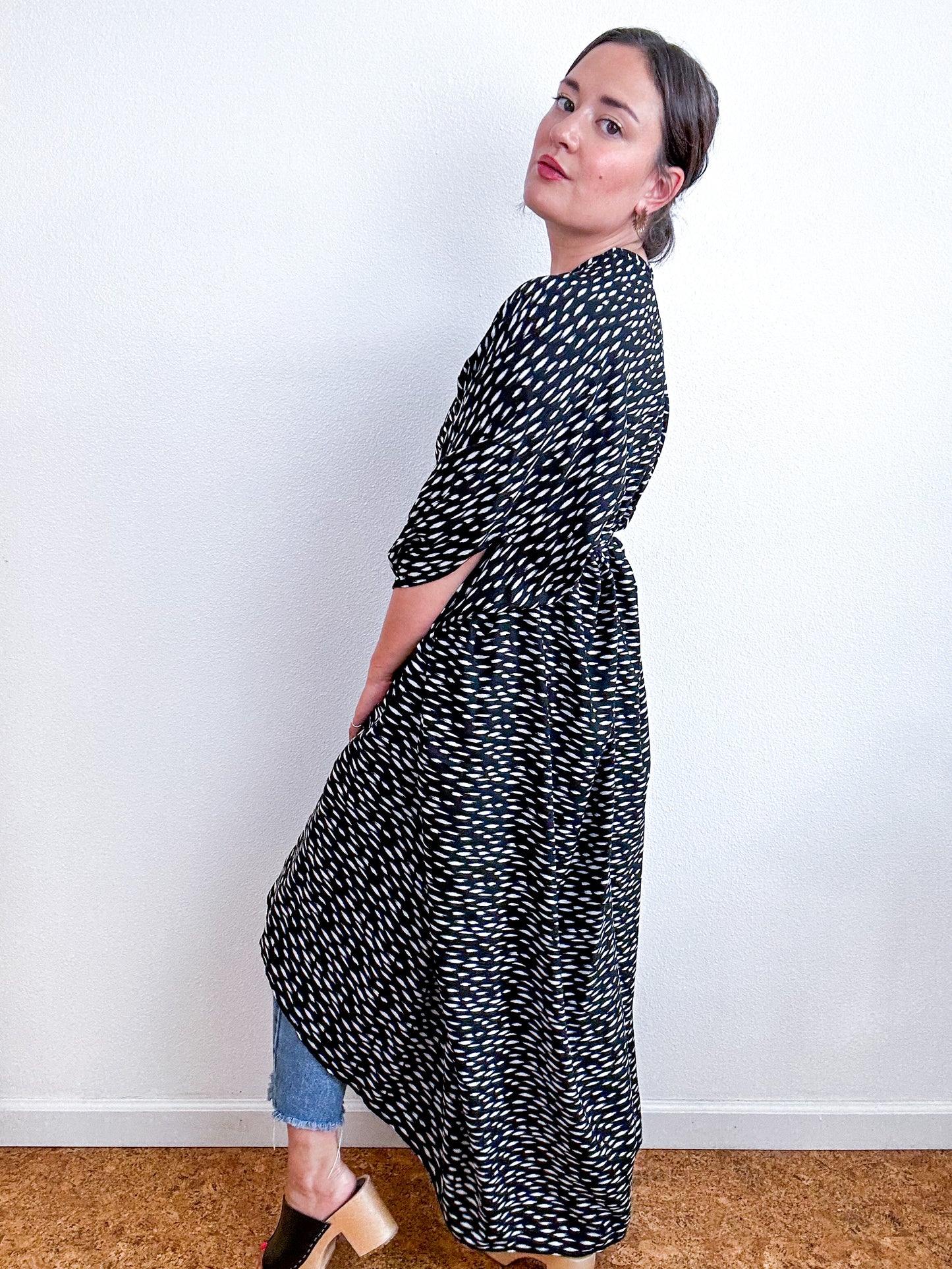 Print High Low Kimono Black White Dash Challis