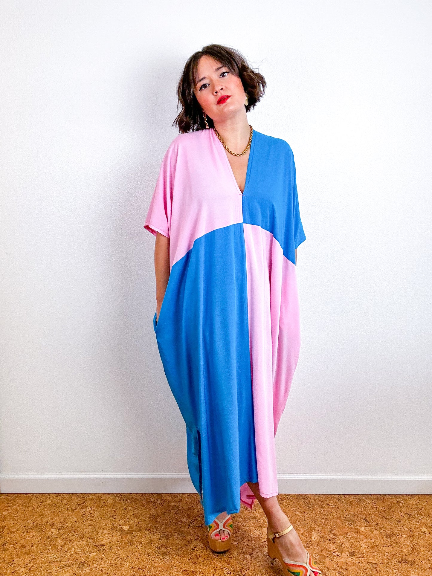 Color Block Midi Caftan Dress Turquoise Pink