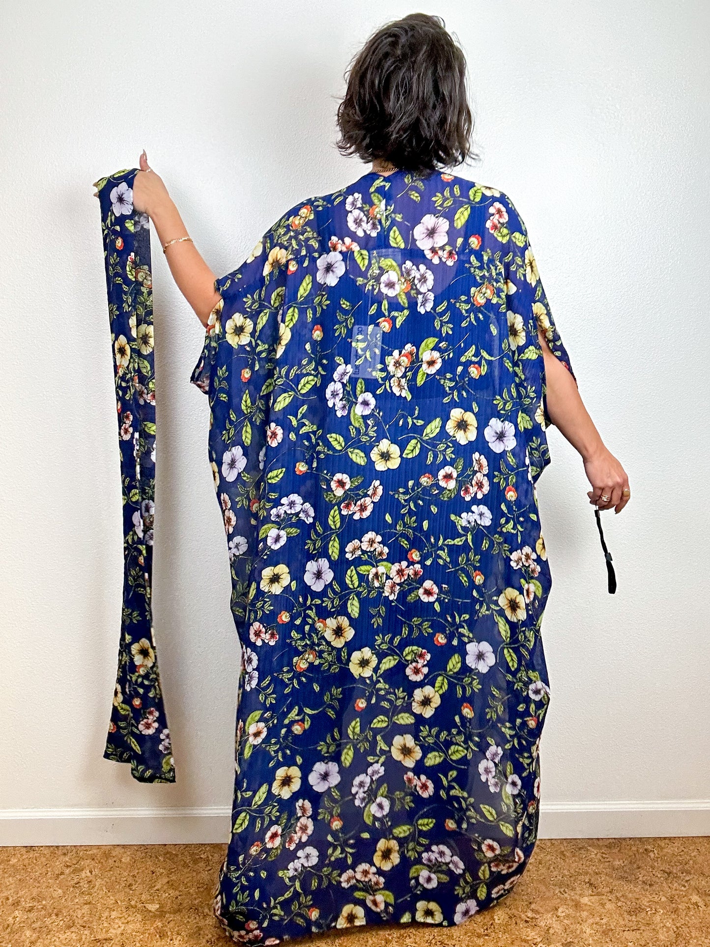Print High Low Kimono Navy Wildflower Floral Chiffon