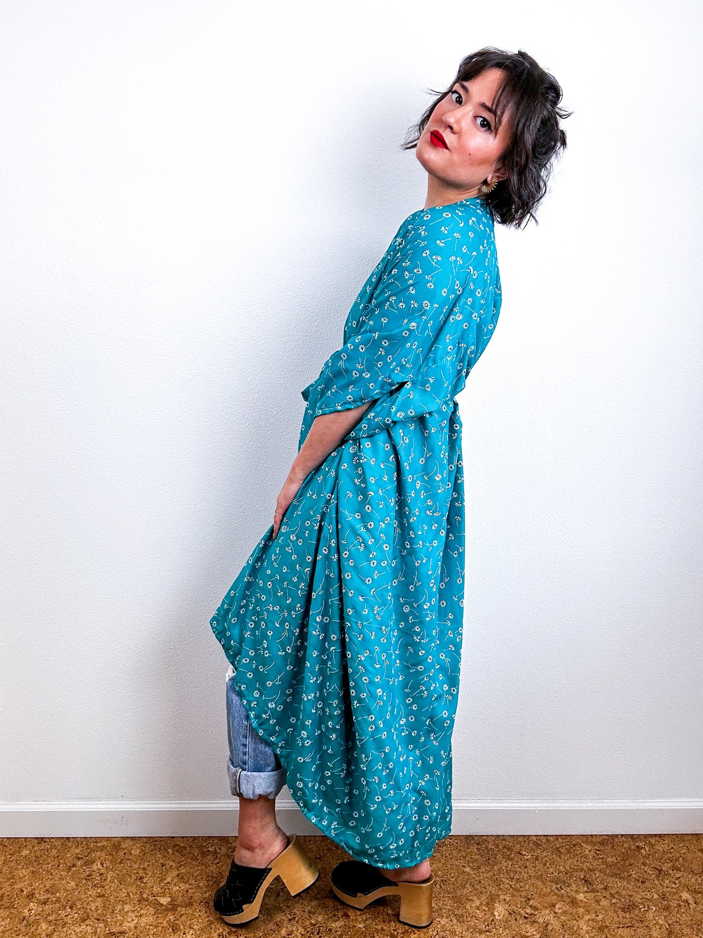 Print High Low Kimono Teal Daisy Challis
