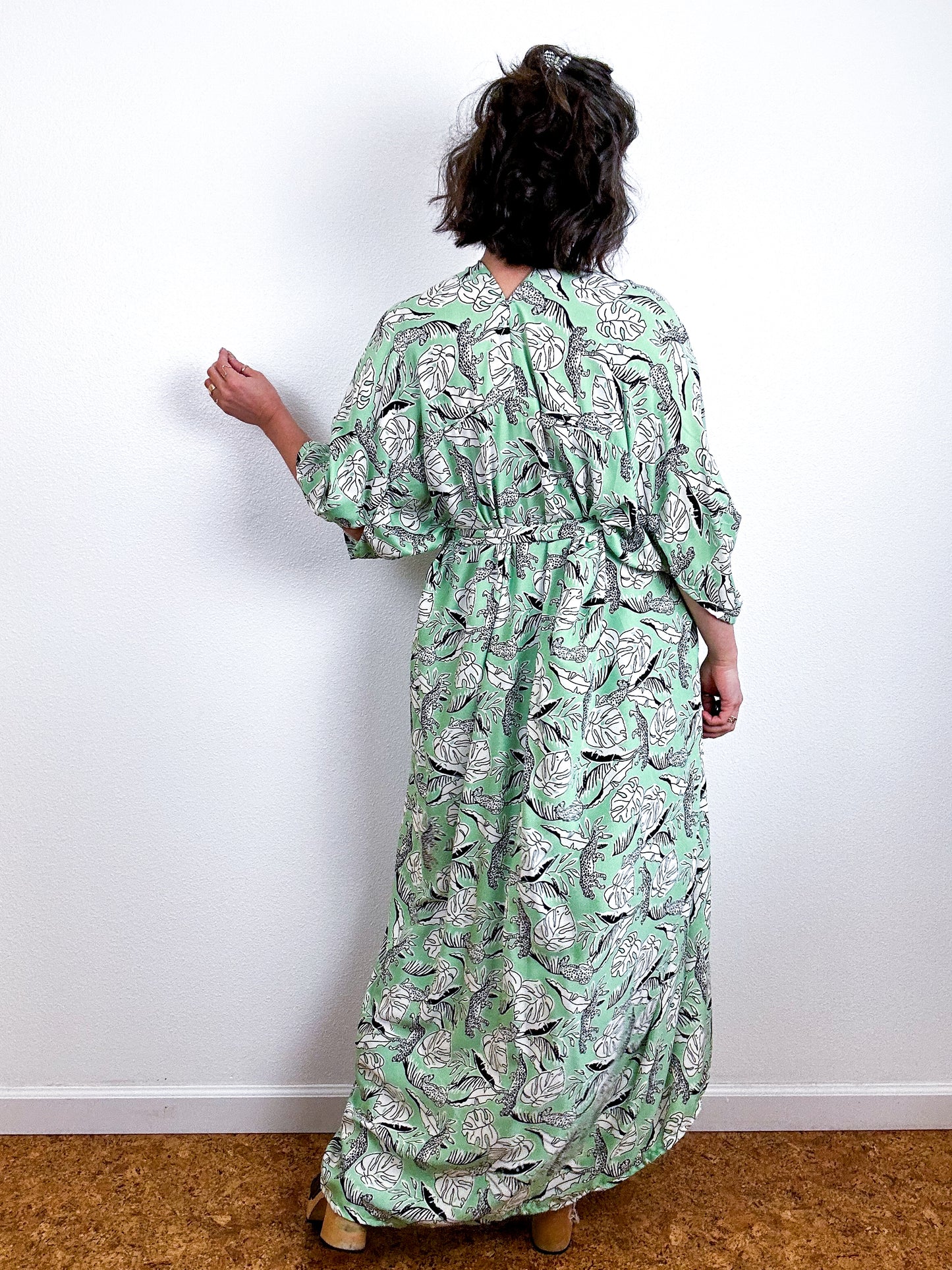Print High Low Kimono Mint Cheetah Leaf Challis