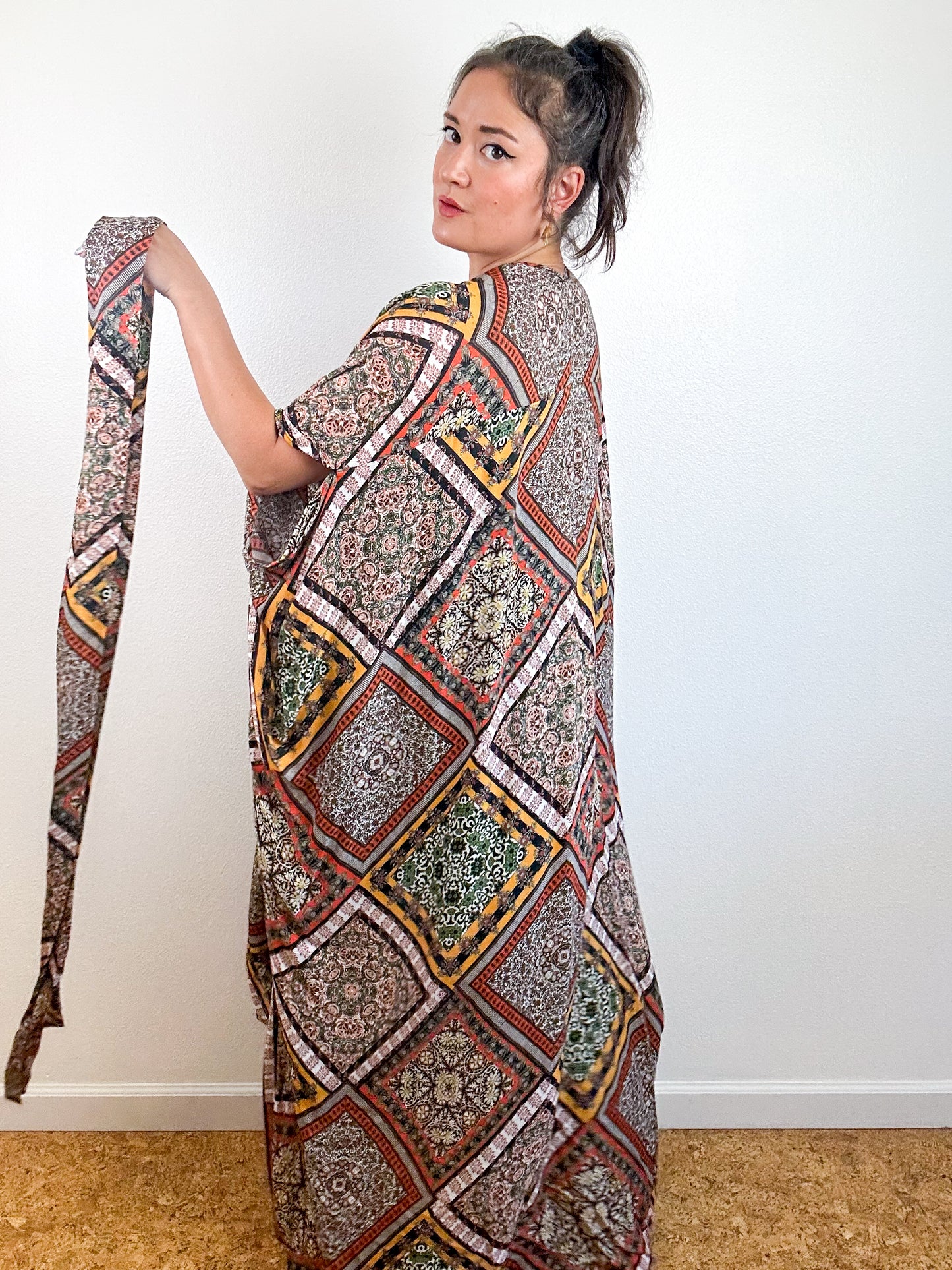 Print High Low Kimono Earthy Patchwork Crinkle Challis