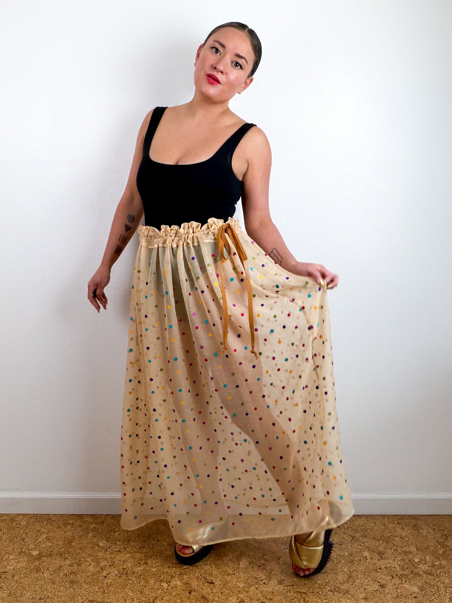 THE SKIRT Ivory Rainbow Dots Silk Chiffon