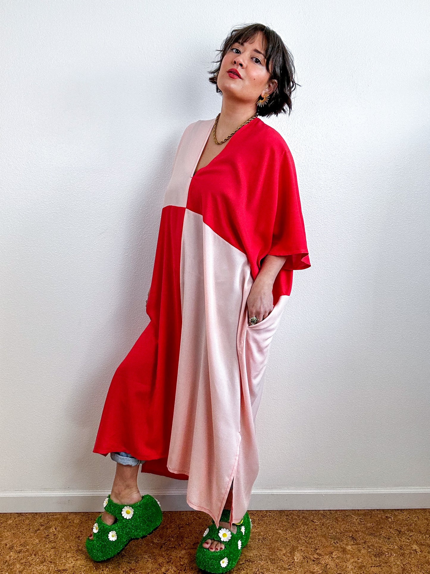 Color Block Midi Caftan Dress Scarlet Blush