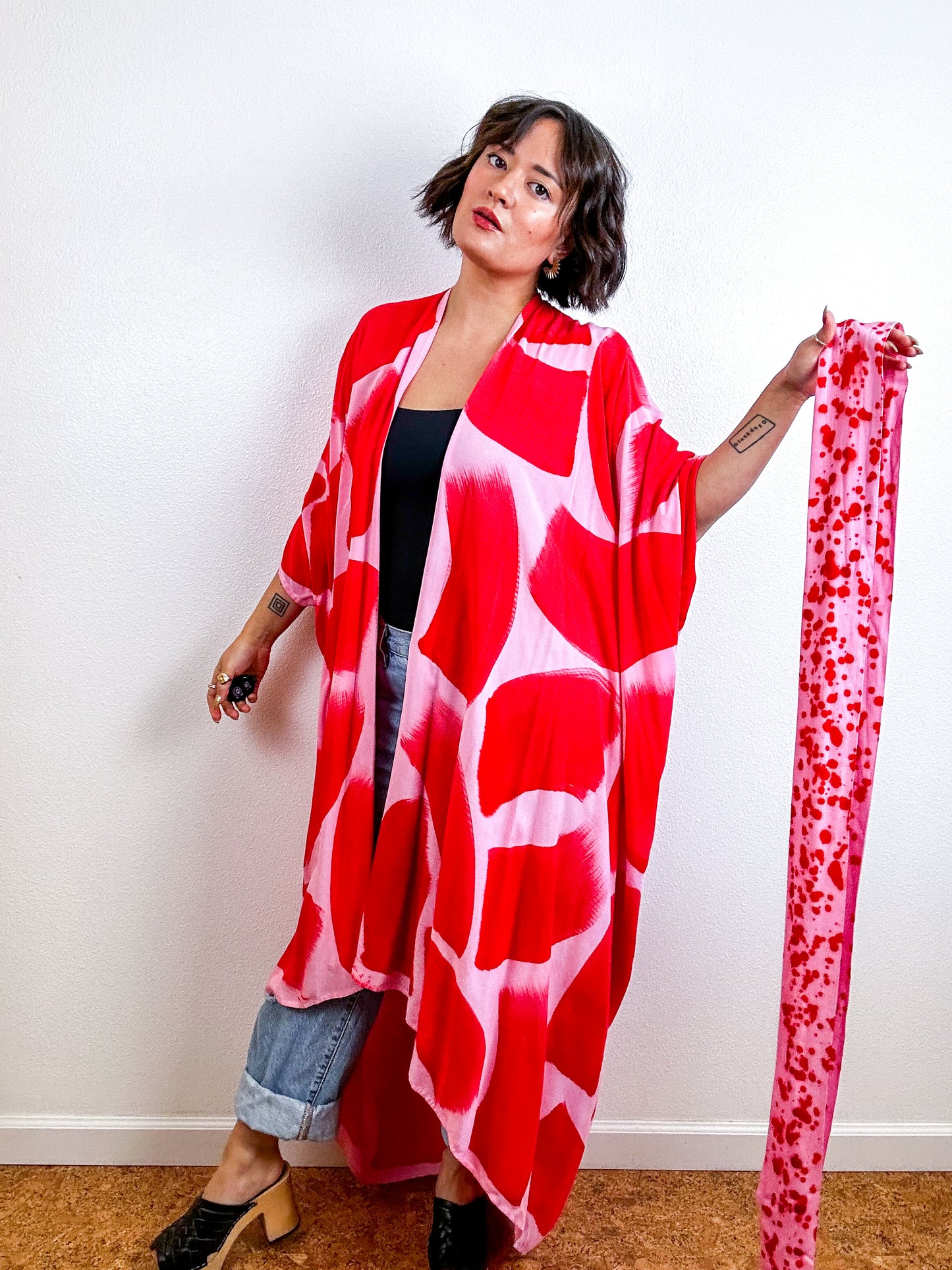 Hand-Dyed High Low Kimono Pink Scarlet Brush
